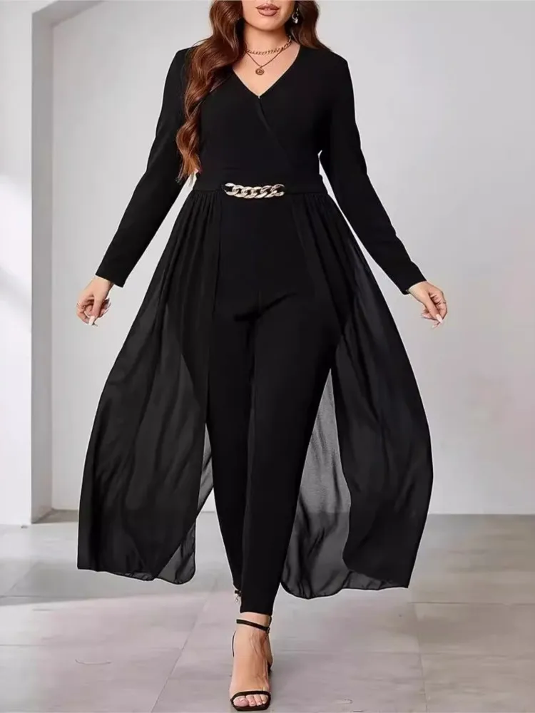 Plus Size Spring V-Neck Jumpsuit Women Mesh Patchwork Irregular Pleated Fashion Slim Ladies Jumpsuits Long Sleeve Woman Jumpsuit