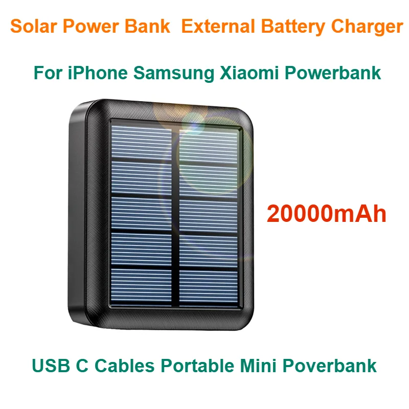 

Solar Power Bank 20000mAh External Battery Charger for iPhone Samsung Xiaomi Powerbank with USB C Cables Portable Mini Poverbank