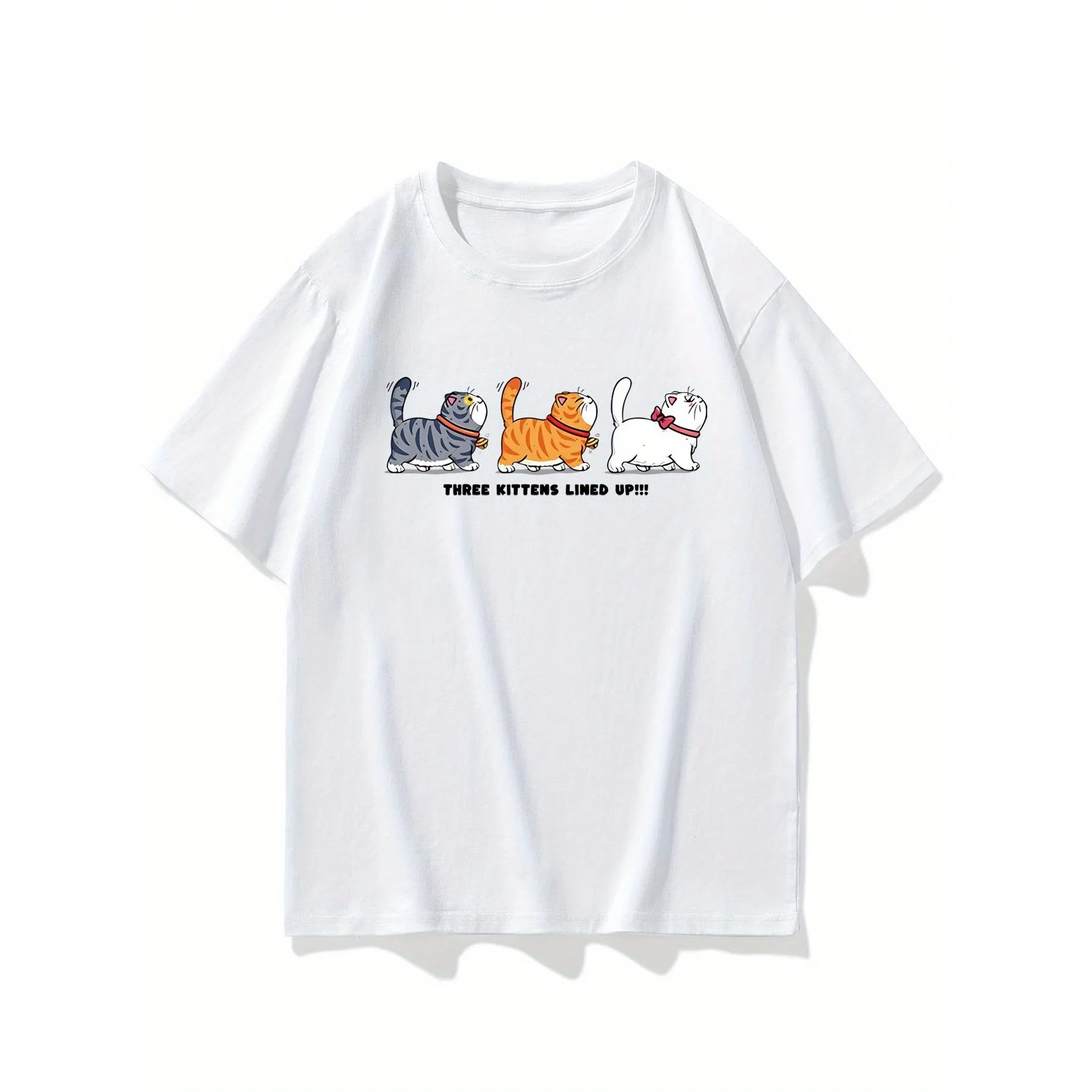 Three Kittens Lined Up Graphic Tee Soft Cotton Short Sleeve Casual T-Shirt Daily Wear Unisex
