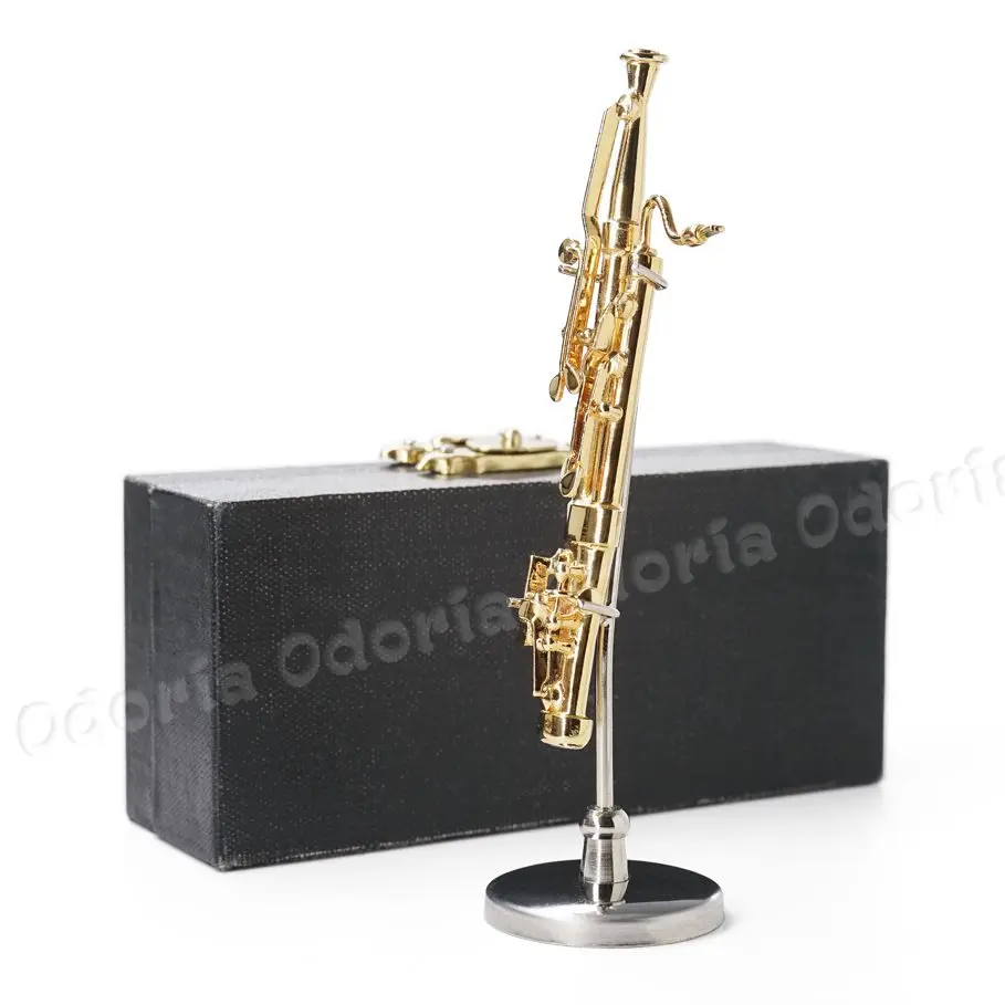 Odoria 1:12 Miniature Golden Bassoon with Stand and Case Unplayable Musical Instrument Model Set Dollhouse Accessories Decor