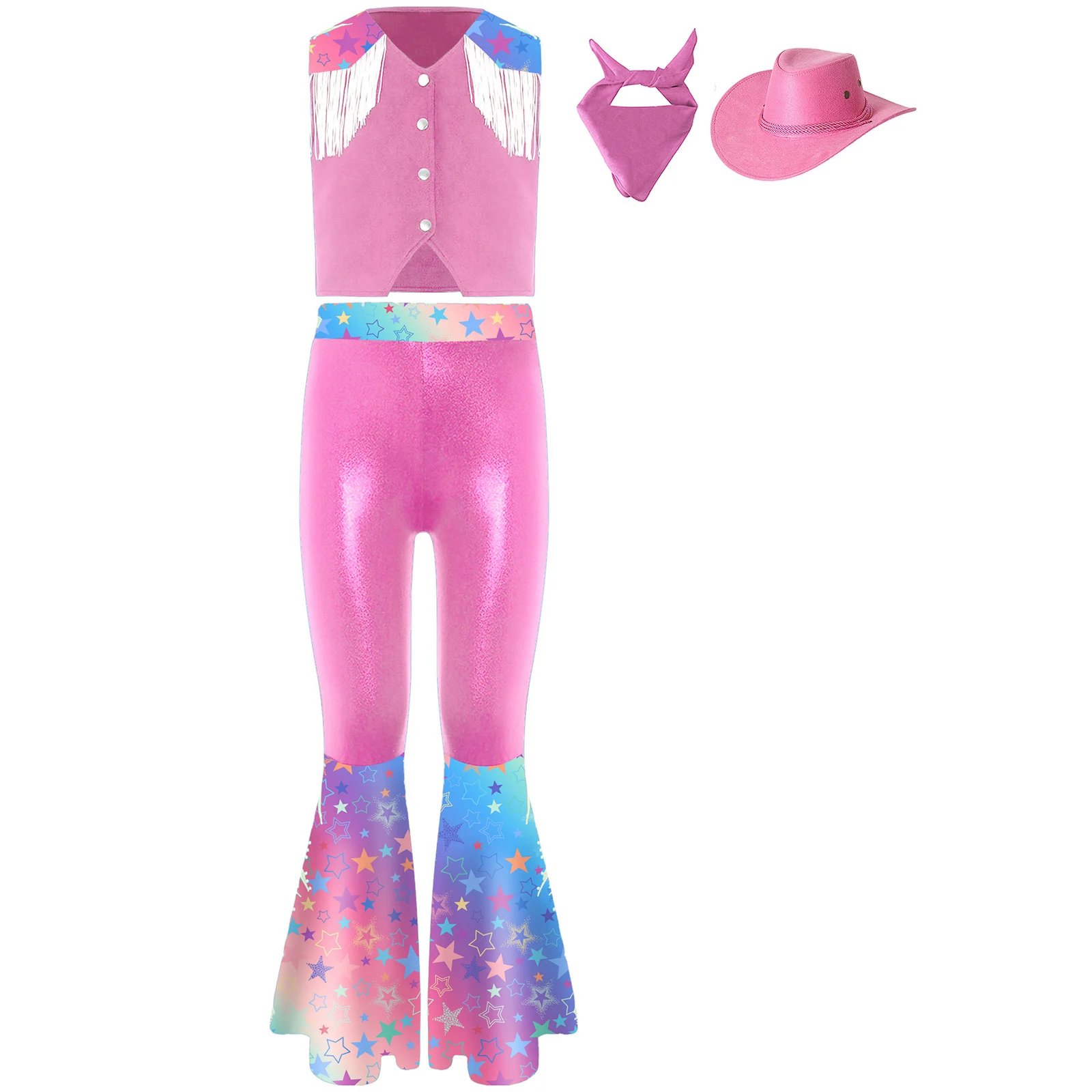 

Kids Girls Western Cowboy Cosplay Costume Halloween 4 Pieces Set Printed Outfit Chest Fringes with Vest Top Bell-Bottomed Pants