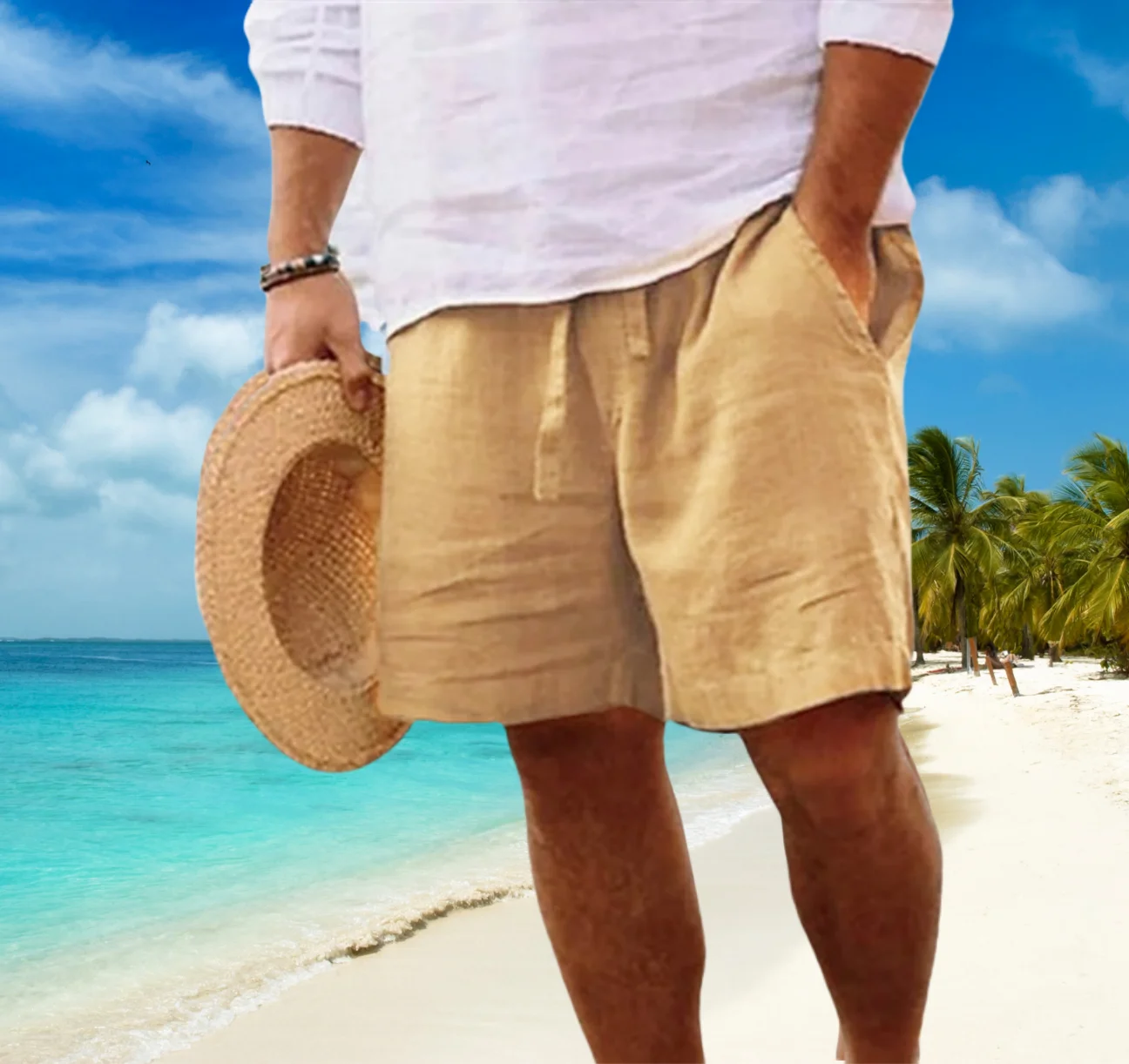 Loose Straight Leg Men's Shorts 5-Point Linen Cotton Blend Elastic Waist Breathable Casual Summer Beach Shorts New 2025