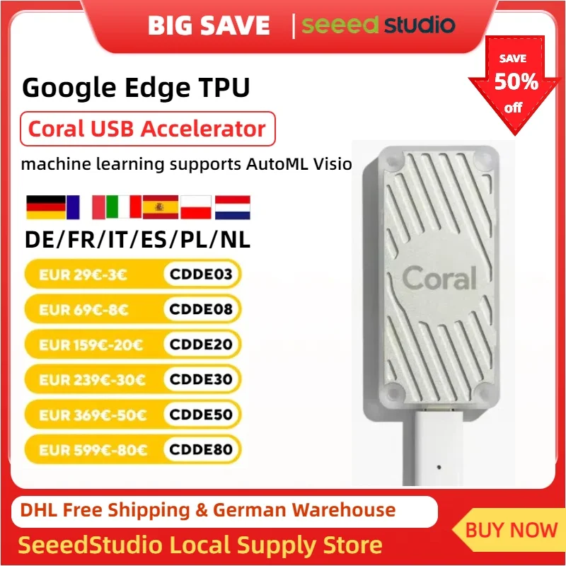 Coral USB Accelerator Google Edge TPU,machine learning supports AutoML Vision Edge, Raspberry Pi, macOS, Windows 10