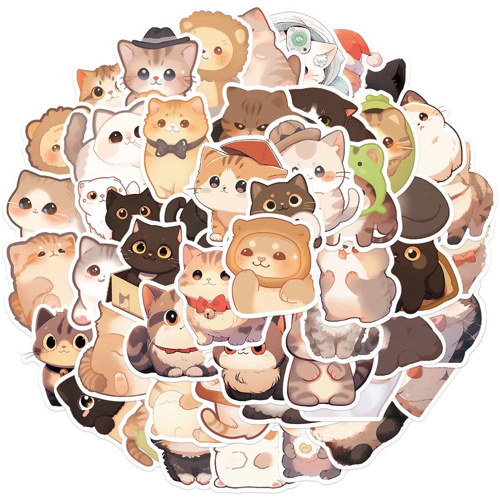 50PCS Kawaii Cat Stickers PVC Cartoon Cute Decals Toy Stationery Guitar Aesthetic Decorations School Supplies For Children