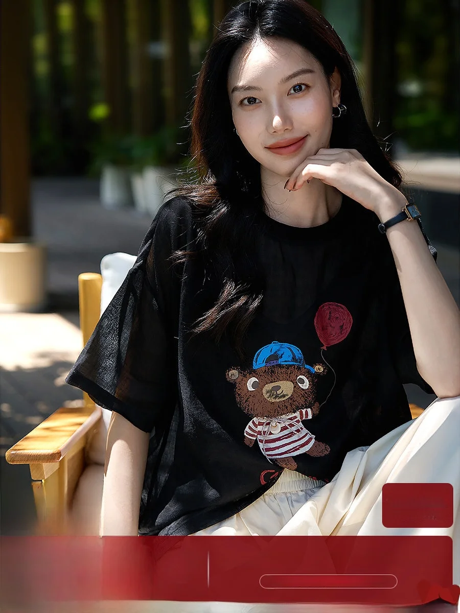 

Женская льняная футболка с буквенным принтом, короткий рукав, дышащая, удобная, повседневная, с рисунком медведя