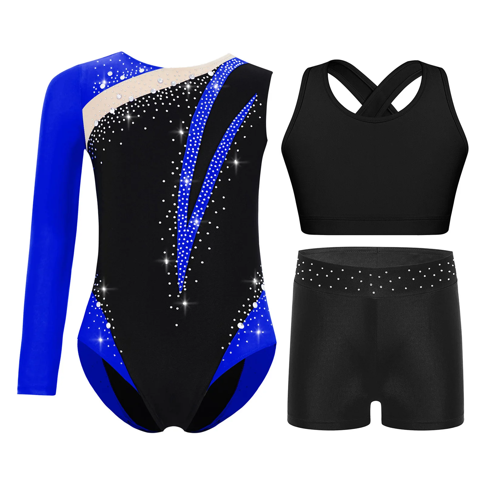 Kids Girls Gymnastics Dance Figure Skating Performance Outfit Shiny Rhinestones Color Block Asymmetrical Leotard+Shorts+Headwear