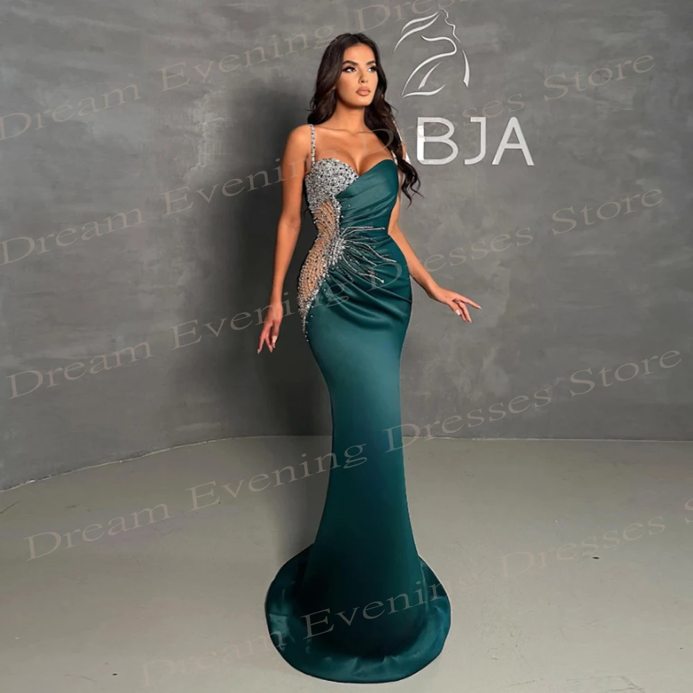 Graceful Green Mermaid Sexy Evening Dresses Charming Spaghetti Strap Sleeveless Prom Gowns Stain Beaded Floor-Length For Women