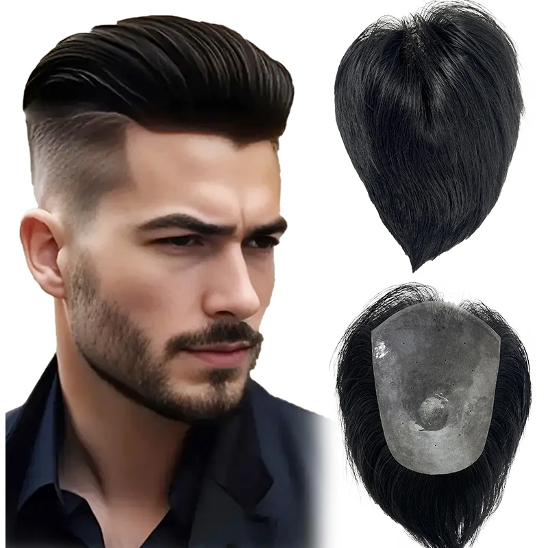

100% Human Hair 15*20cm PU Men's Natural Slicked Back Style Capillary Prothesis Soft Invisible Toppers Ultra Thin Breathable