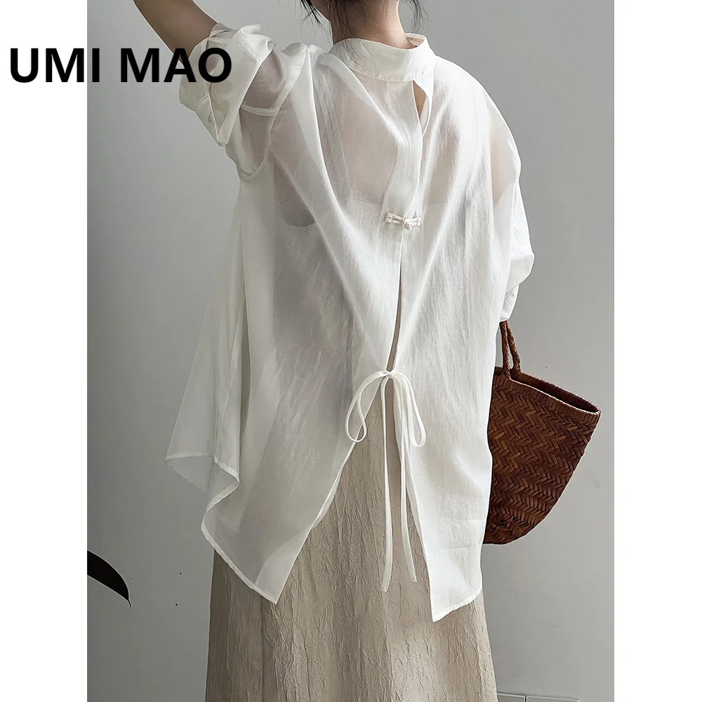 UMI MAO Lightweight Sunscreen Shirt Women\'s 2024 Summer New Chinese Button Back Split Shirt Top Femme Y2K