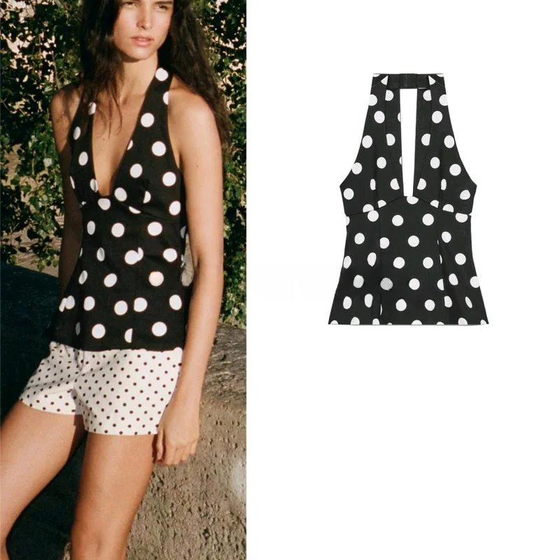 

Summer New Women's Hot Girl Sle Bal Polka Dot Collar Top Knot Decor French Sle Slim Fit Polyester Fiber