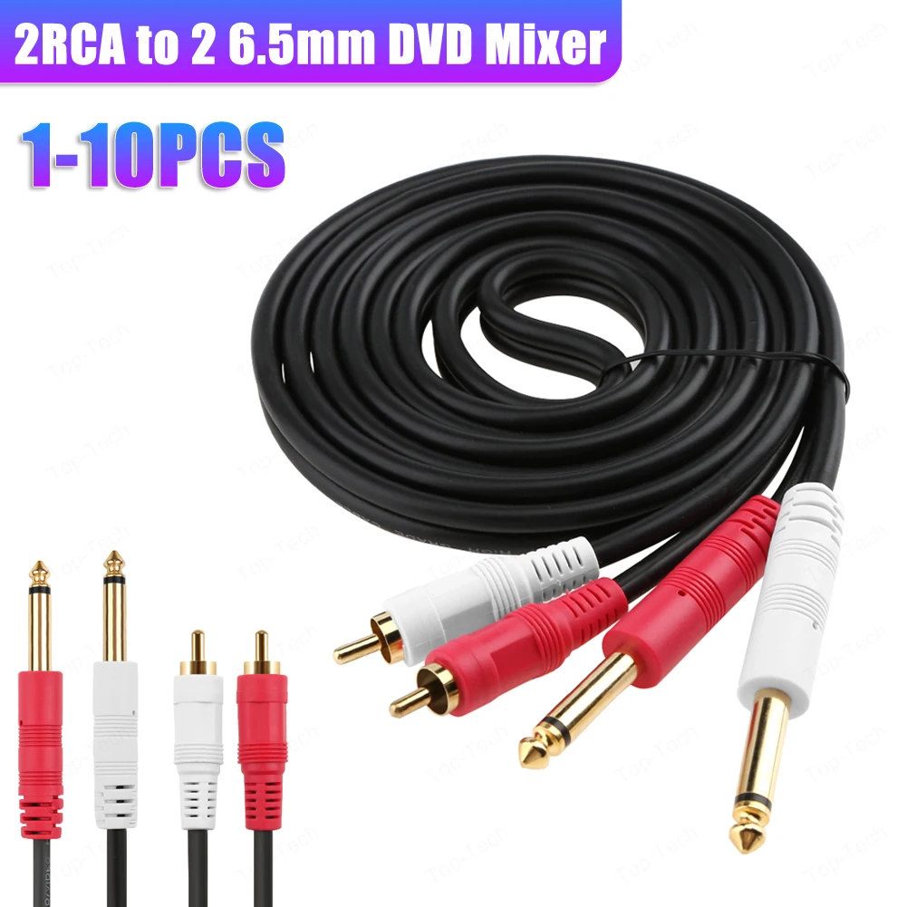 Dual RCA ke Dual Mono 6.35mm Male Jack kabel Audio 2RCA ke 2 6.5 DVD Mixer