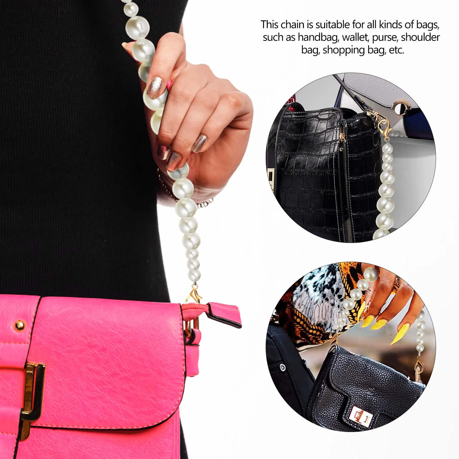 Pearl Bag Chain Short Handle Replacement Strap 30Cm Removable Shoulder Clutch Purse Strap Metal Buckles Handbag Accessories