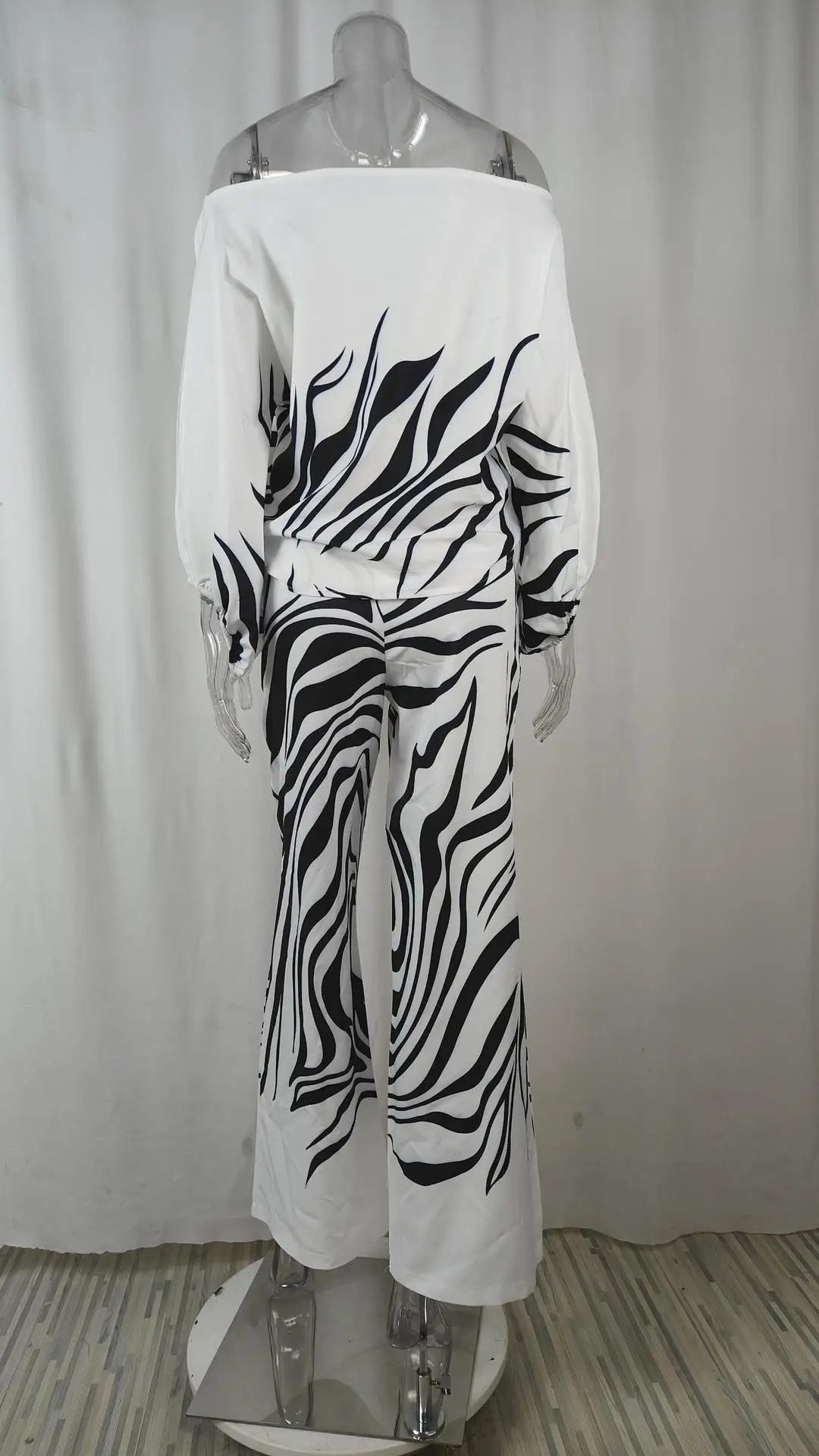 VEITCHE Frauen Print Outfit Ärmel Off Schulter Langarm Bluse Büro Dame 2-teilige Sets Frühling Herbst Breite Bein Hosen Anzug – Detail 23