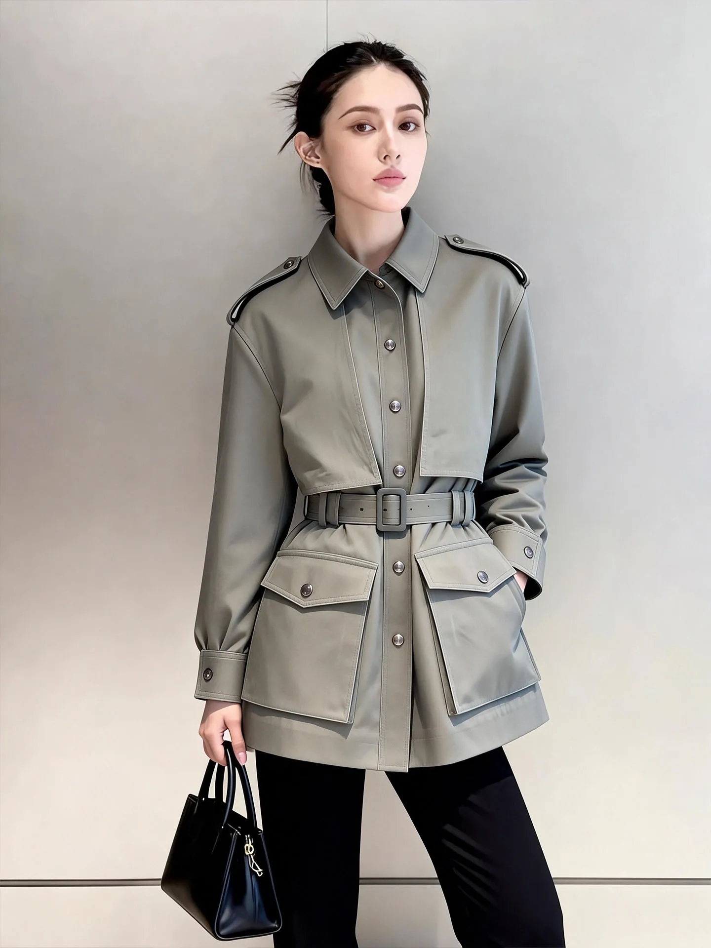 

Оливковое корейское пальто-жакет в холодных тонах: уникальное и красивое, для ранней весны, маленький размер, женская модная верхняя одежда, весна 2026