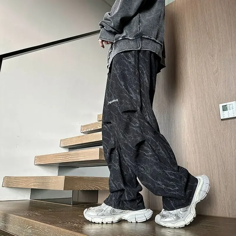 Pleated Corduroy Straight Pants Men Hip Hop Print Streetwear Baggy Wide-legged Pants Vintage Harajuku Y2k Trouser Spring Autumn