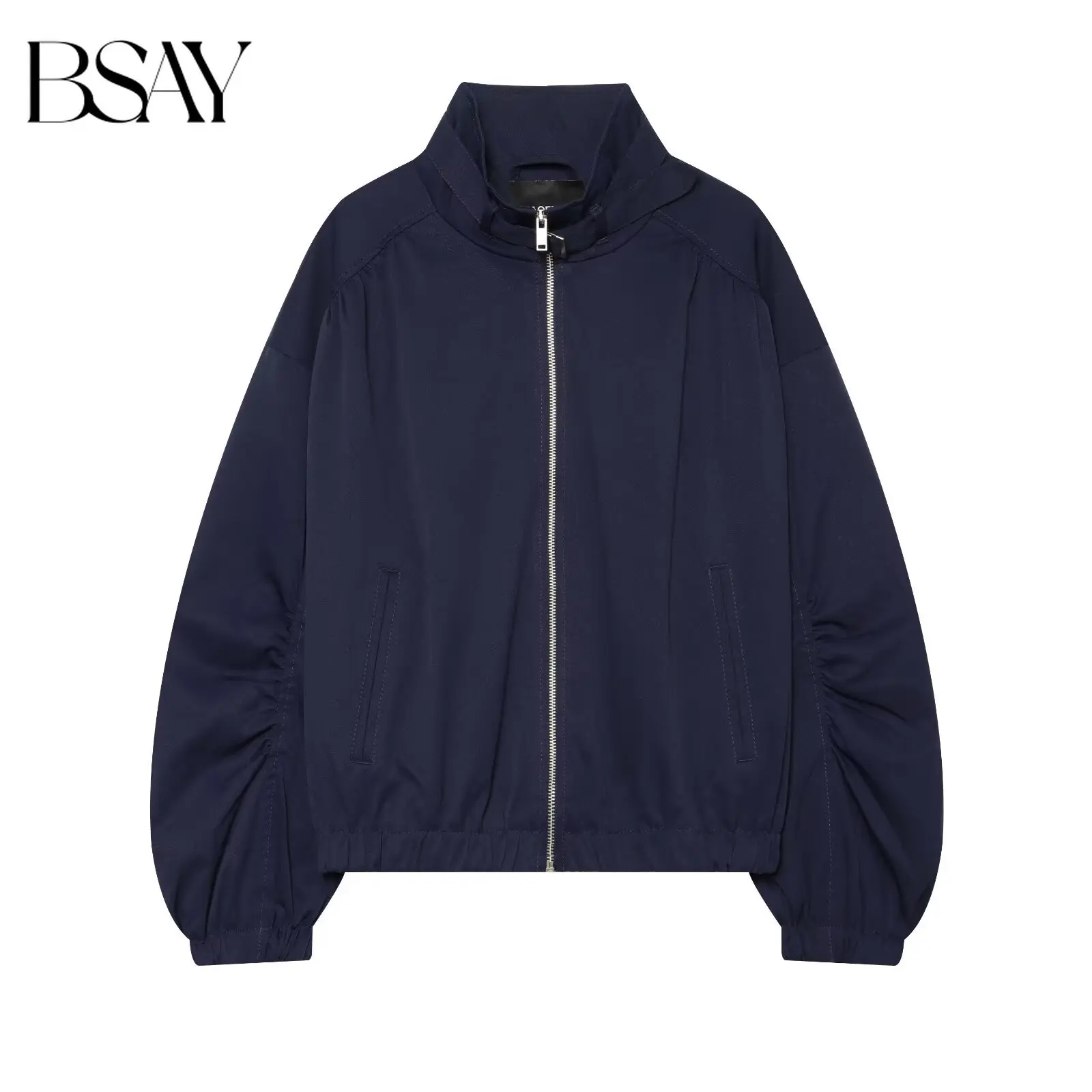 BSAY Autumn Women Casual Loose Bomber Jacket Stand Collar Zipper Front Ruched Sleeve Elastic Hem Cropped Streetwear Outerwear