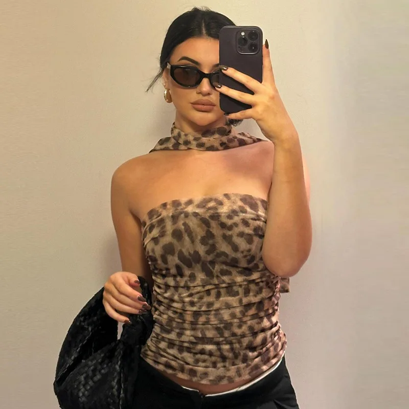 YUZHEXI Summer leopard print strapless vest with scarf women music rave camisole bandeau tops