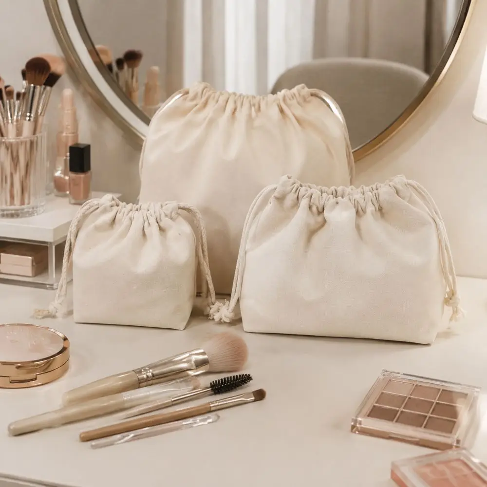 Portable Canvas Drawstring Cosmetic Bags Reusable Soft Makeup Pouch Travel Storage Bags for Women