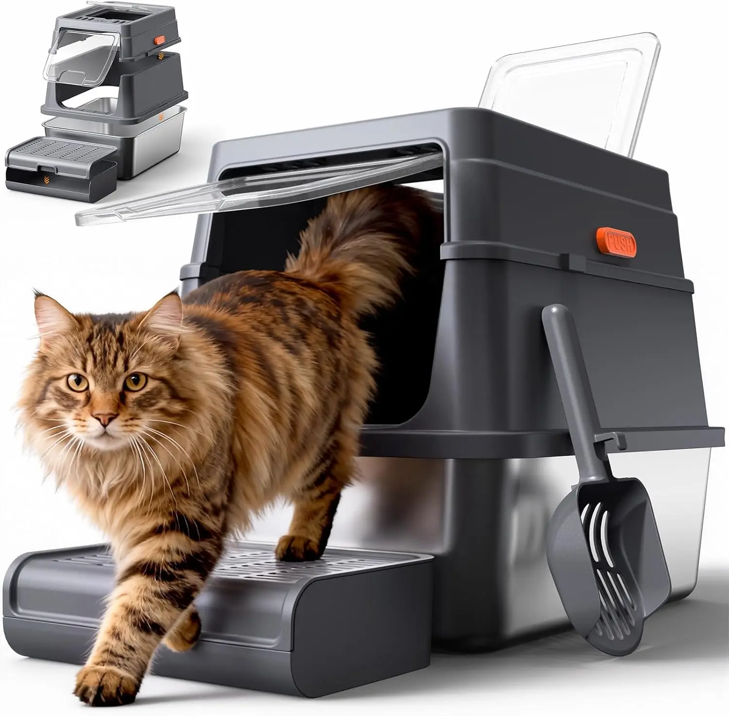 

Лоток для кошачьего туалета из нержавеющей стали с крышкой, подставкой-ступенькой и фильтром с активированным углем, 17,1x13,2x15 дюймов, серый