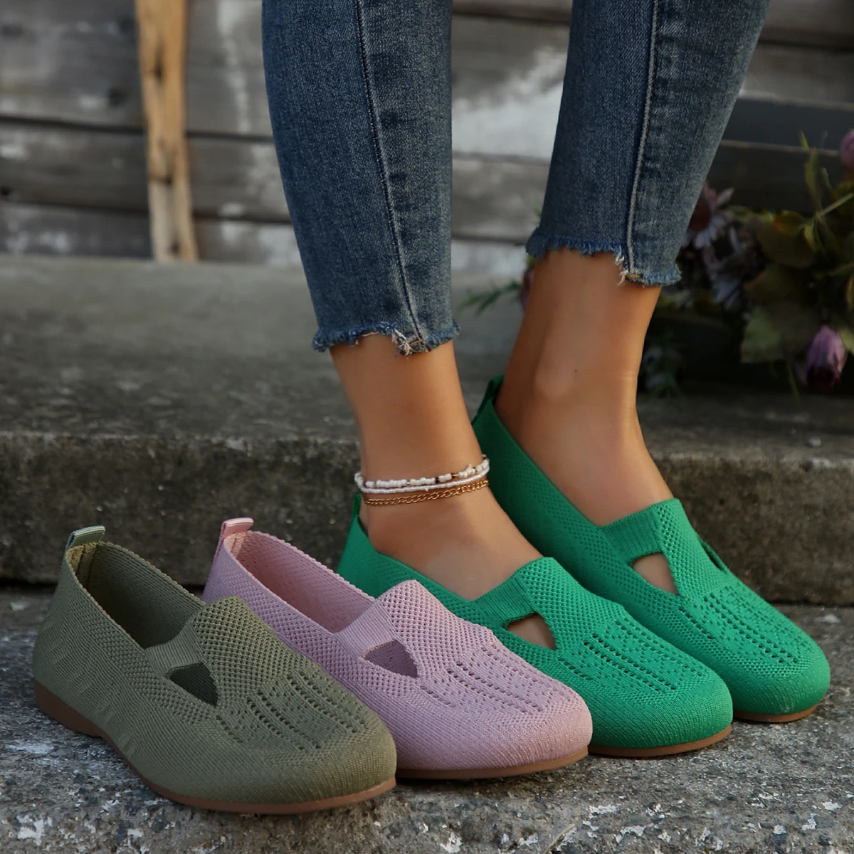 Women Flats Women Autumn Casual Square Toe Hollow Loafers Barefoot Female Knitted Comfortable Sneakers Lightweight Outdoor Shoes