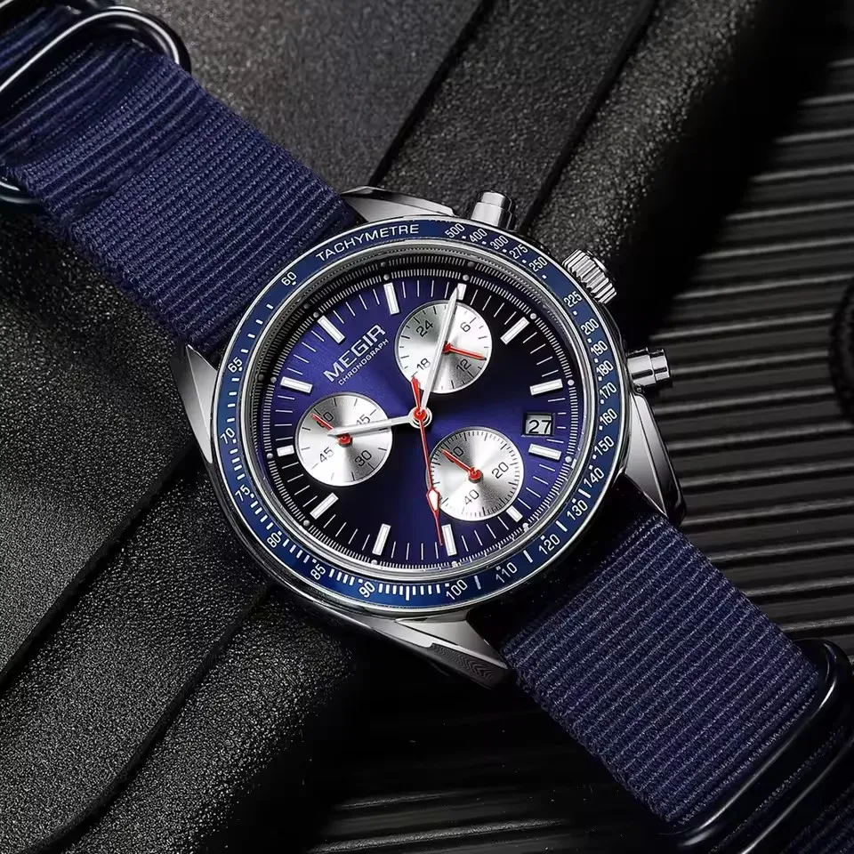 MEGIR 2247 Men's Luxury Quartz Watch Canvas Weaving Strap Chronograph Life Waterproof Calendar Leisure Fashion Men's Watch Gift