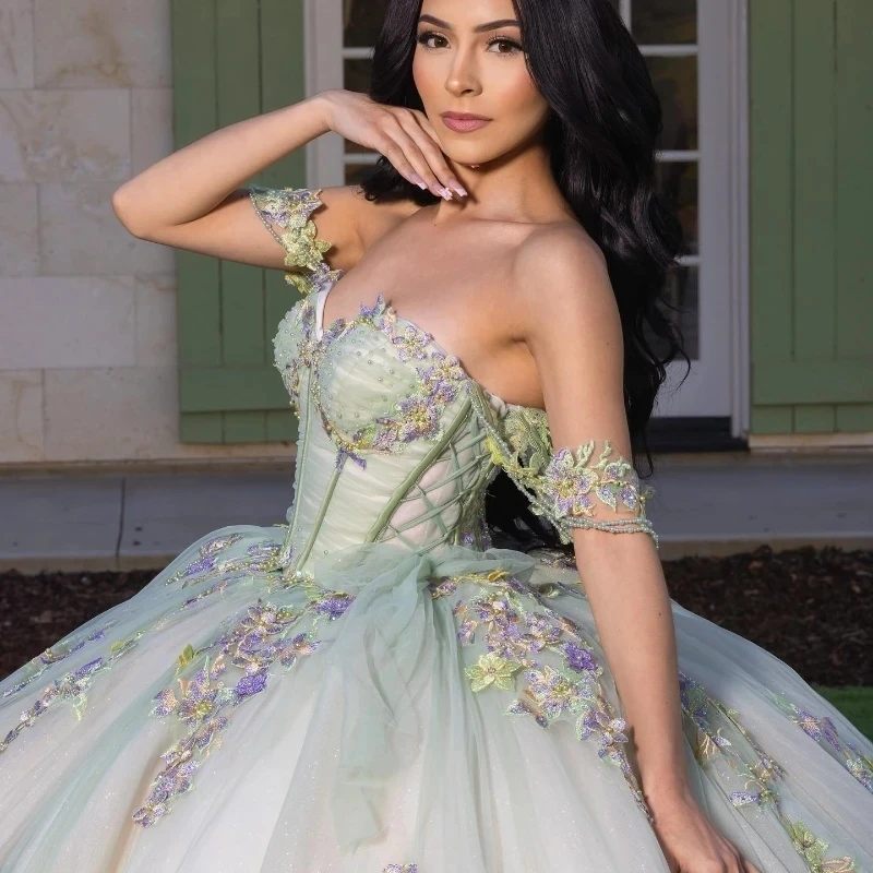 Light Green Sweetheart Off Shoulder Princess Tulle Vestidos De 15 Años Ball Gown Quinceanera Dress Sweet 16 Birthday Party Gown