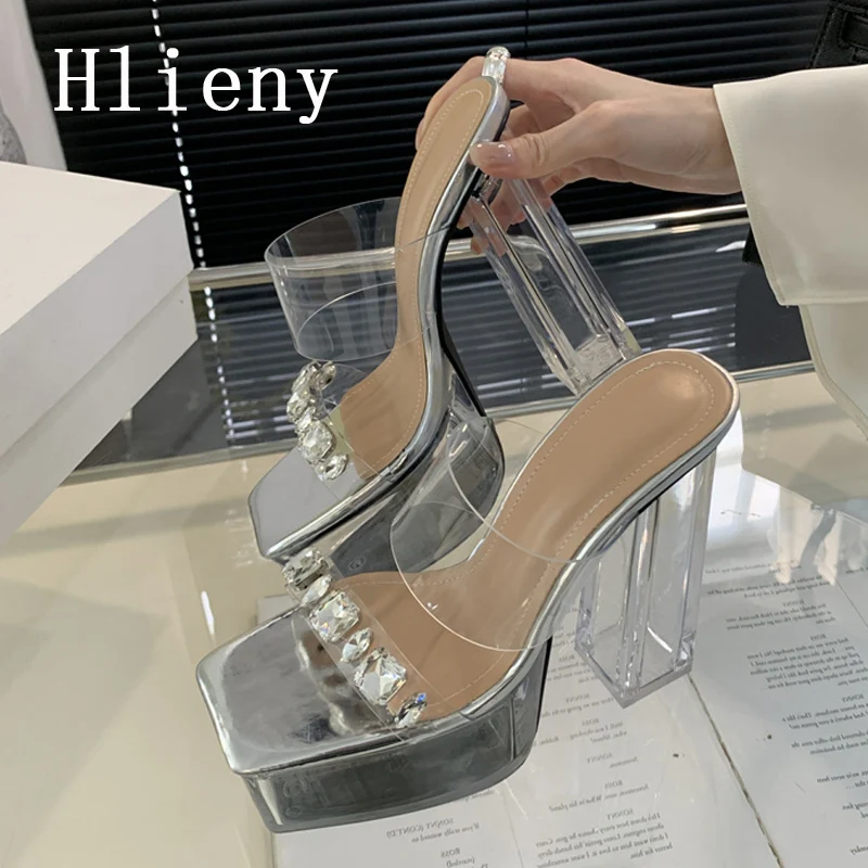 Hlieny Fashion Designer Crystal PVC Transparent Slippers Women Square Toe Slides Ladies Shoes Summer Platform High Heels Silver