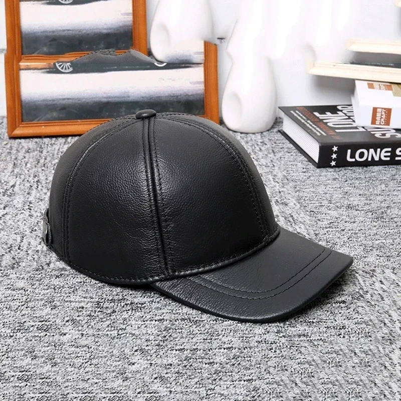 Men's Genuine Leather Hat Autumn Winter Men's Cowhide Baseball Cap Male Outdoor Sunshade Leather Baseball Cap Adjustable