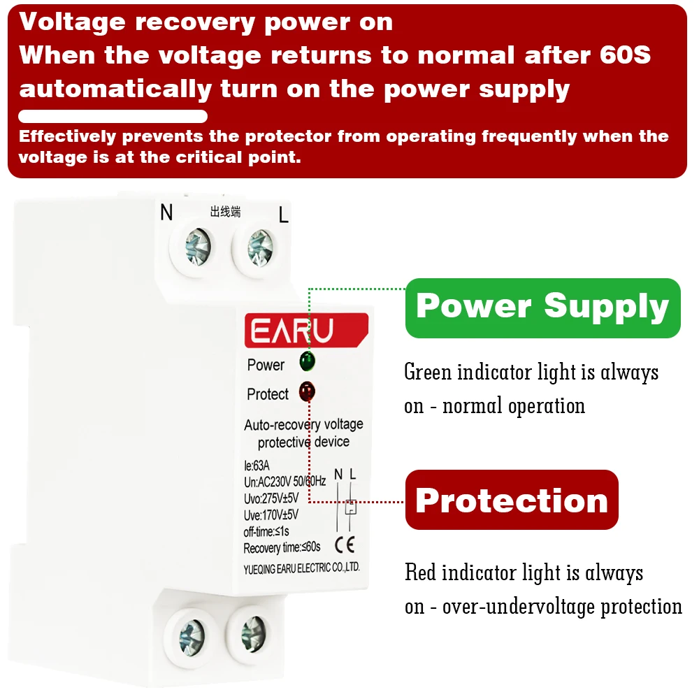 1P+N 27mm 40A 63A 230V Din Rail Automatic Recovery Reconnect Over Voltage and Under Voltage Protective Device Protection Relay