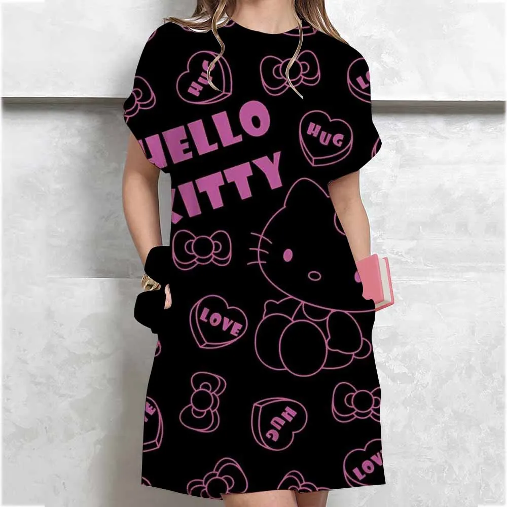 Veelzijdige preppy stijl loszittende jurk met korte mouwen Hello Kitty bedrukte T-shirtjurk voor dames in Koreaanse stijl ﻿