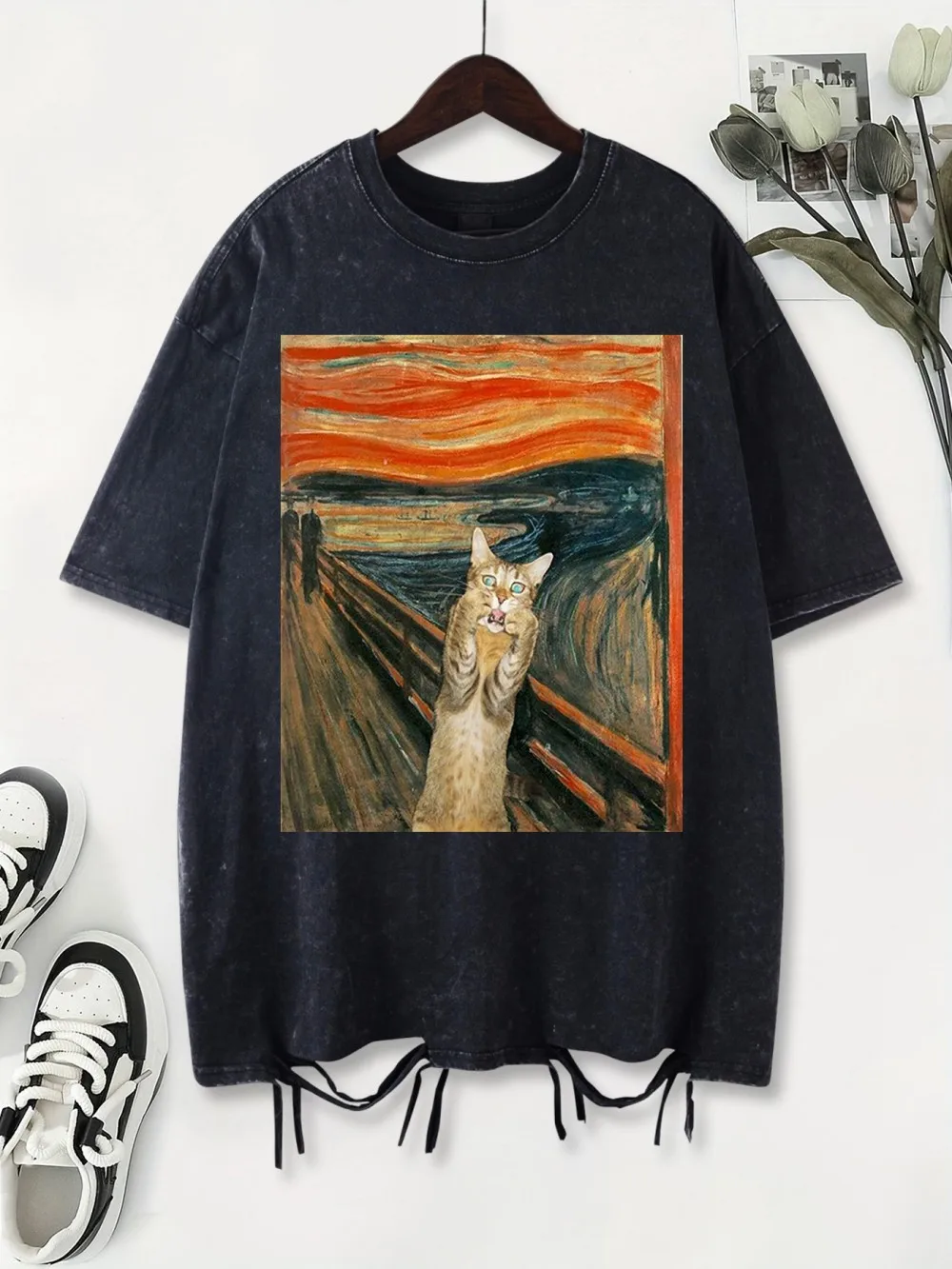 

Scream Cat Graphic Printing Washed T-Shirts Womens Cottont Shirts O-Neck Oversize Acid Wash Tops Summer Casual Womans Streetwear