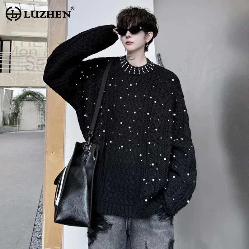 LUZHEN 2024 Clothing Loose Men's Knitted Sweater Wave Pearl Design Original Versatile Solid Color Casual Male New Tops LZ6380