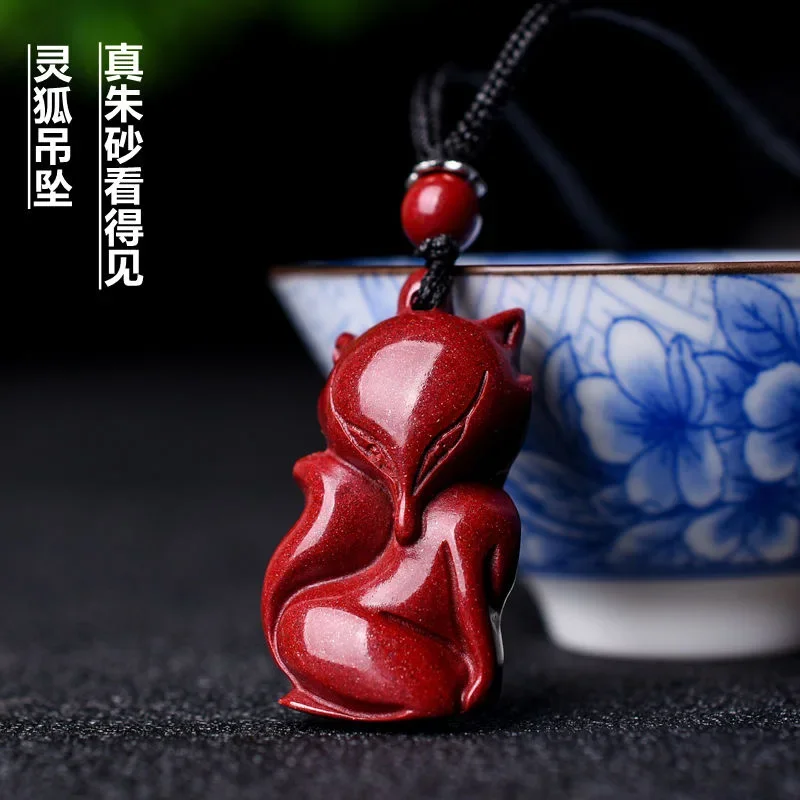Fashion Cinnabar Jade Lovely Fox Pendant Necklace Jewellery Chinese Hand-Carved Healing Women Man Luck Gift Sweater Chain - Image 2