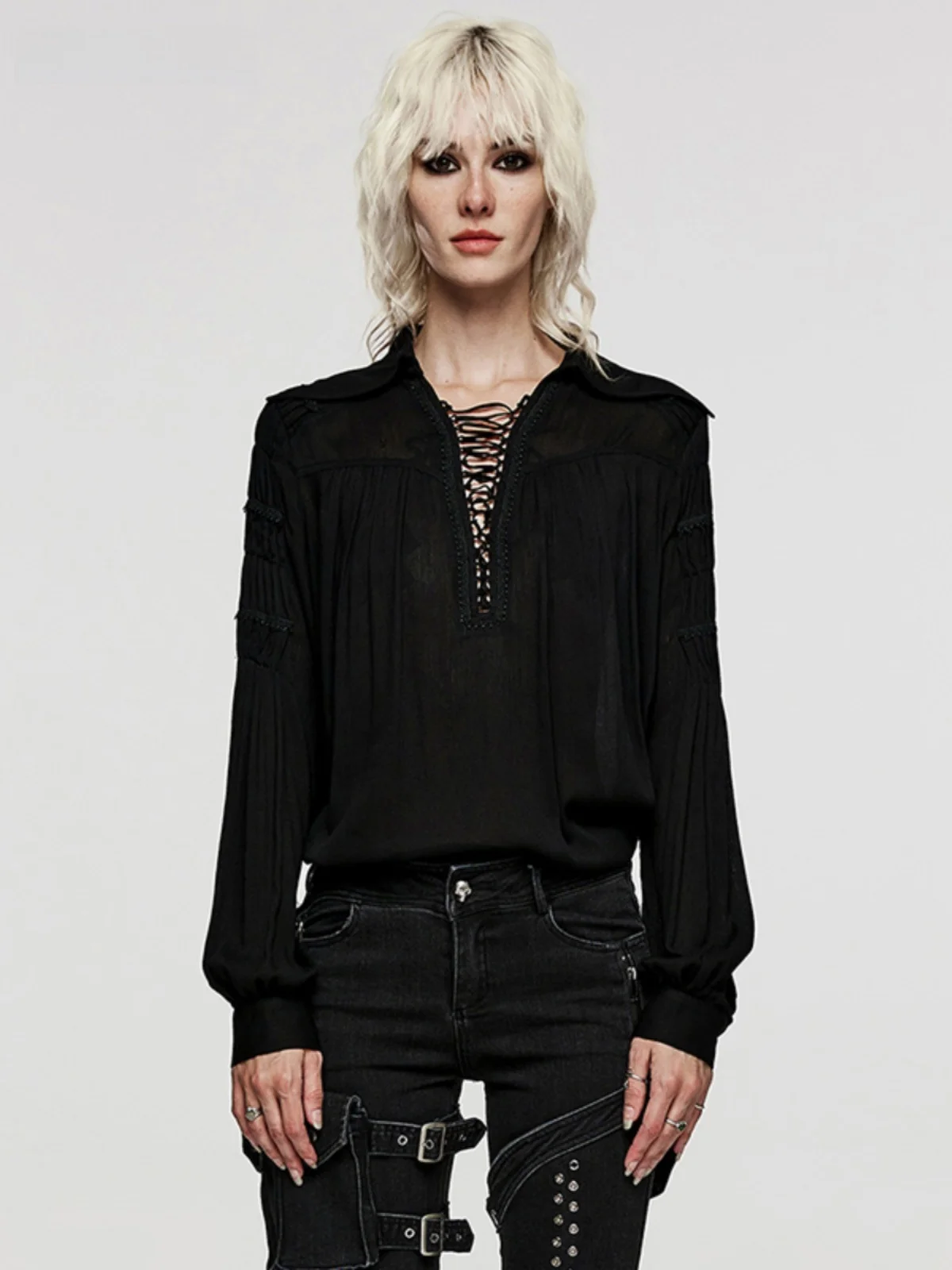 

PUNKRAVE Gothic Style Women's Black Long Sleeve Shirt Deep V Neck Cross Collar Loose Fit Fashionable Autumn New Arrival