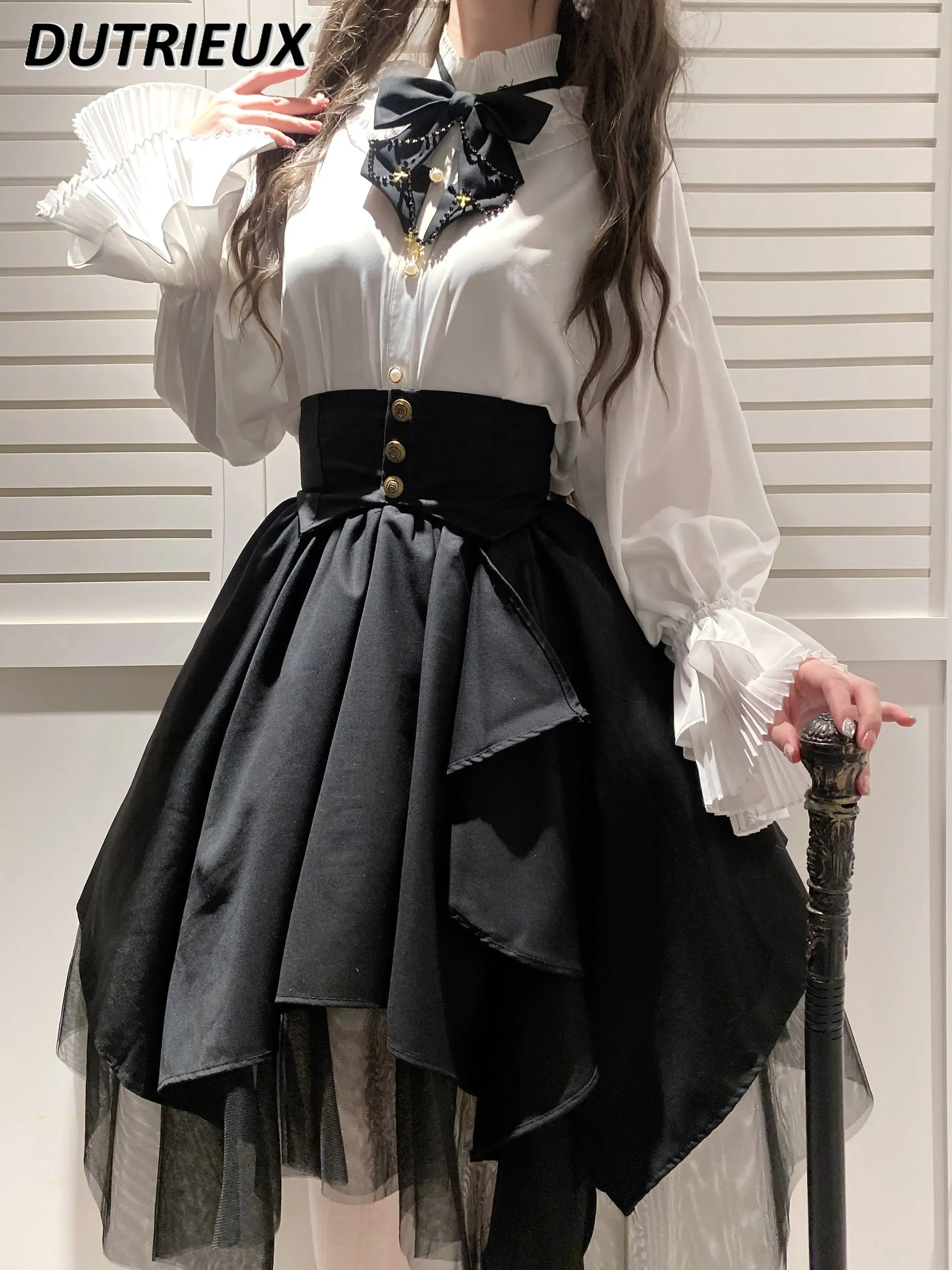 

Весенне-летняя новая мягкая белая рубашка в японском стиле для девочек в готическом стиле с длинными рукавами в стиле ретро, сетчатая юбка средней длины с неровной талией SK