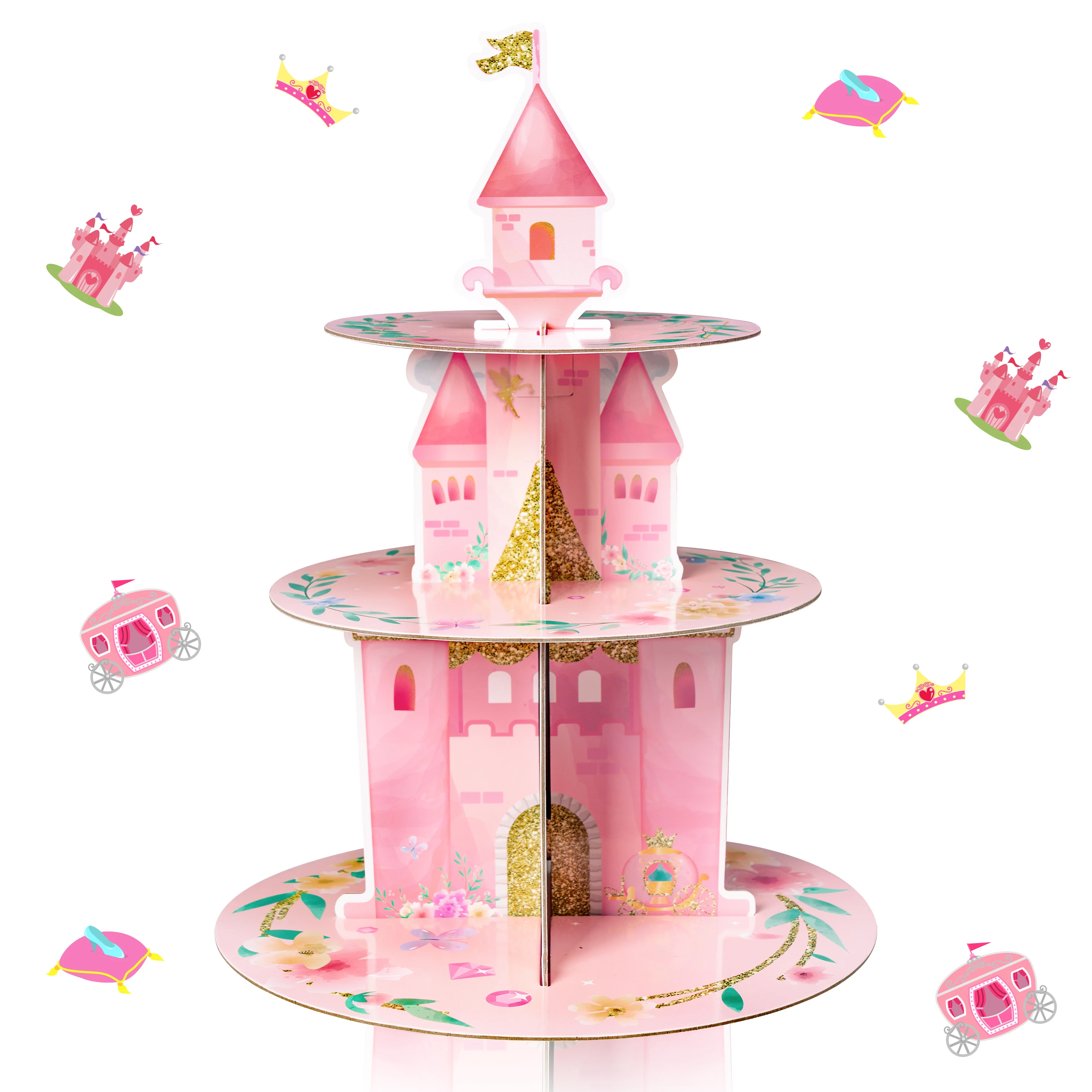 3 Layers Watercolor Princess Cupcake Stand Cardboard Castle Shape Cake Stand for  Baby Anniversary Birthday Tea Party Supplies