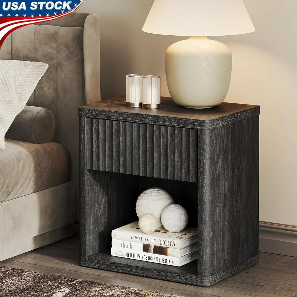 

Modern Nightstand with Drawer Storage Fluted Bedside Table 2-Tier Side Table Compact End Table Bedroom Living Room Office