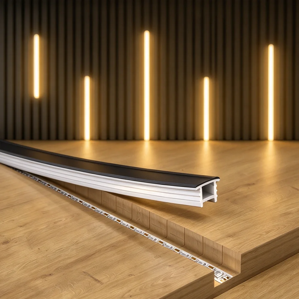 5M Black Recessed LED Channel Neon Rope Lights For Wood Slat Wall Panel Soft Silicone Diffuser Flexible Ribbon IP65 Strip Tube