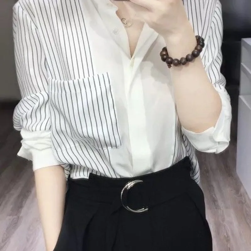 Shirts & Blouses for Women Full Long Sleeve Spring and Autumn Woman Top Chiffon Loose Striped Knit Y2k Youthful Stylish Xxl New