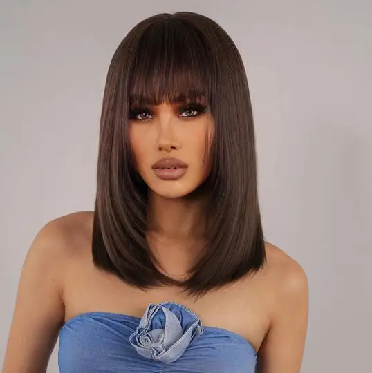 

Dark Brown Short Straight Bob Wigs for Women Layered Synthetic Wig with Bangs High Temperature Natural Daily Use Wig