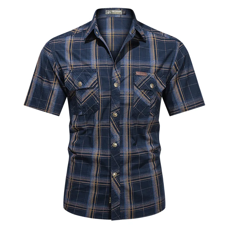 Men Summer short-sleeved Plaid Shirts Male Military Outdoor Shirts Multi-pockets Tooling Shirts High Quality Man Cotton Shirts