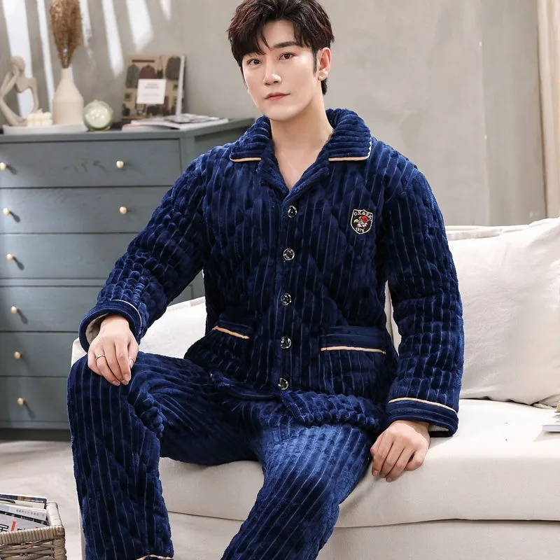 Men Pajamas Winter Plush Leisure Wear Three Layer Nighgown Cotton Thickened Household Autumn Suit Warm Flannel Home Clothing Set