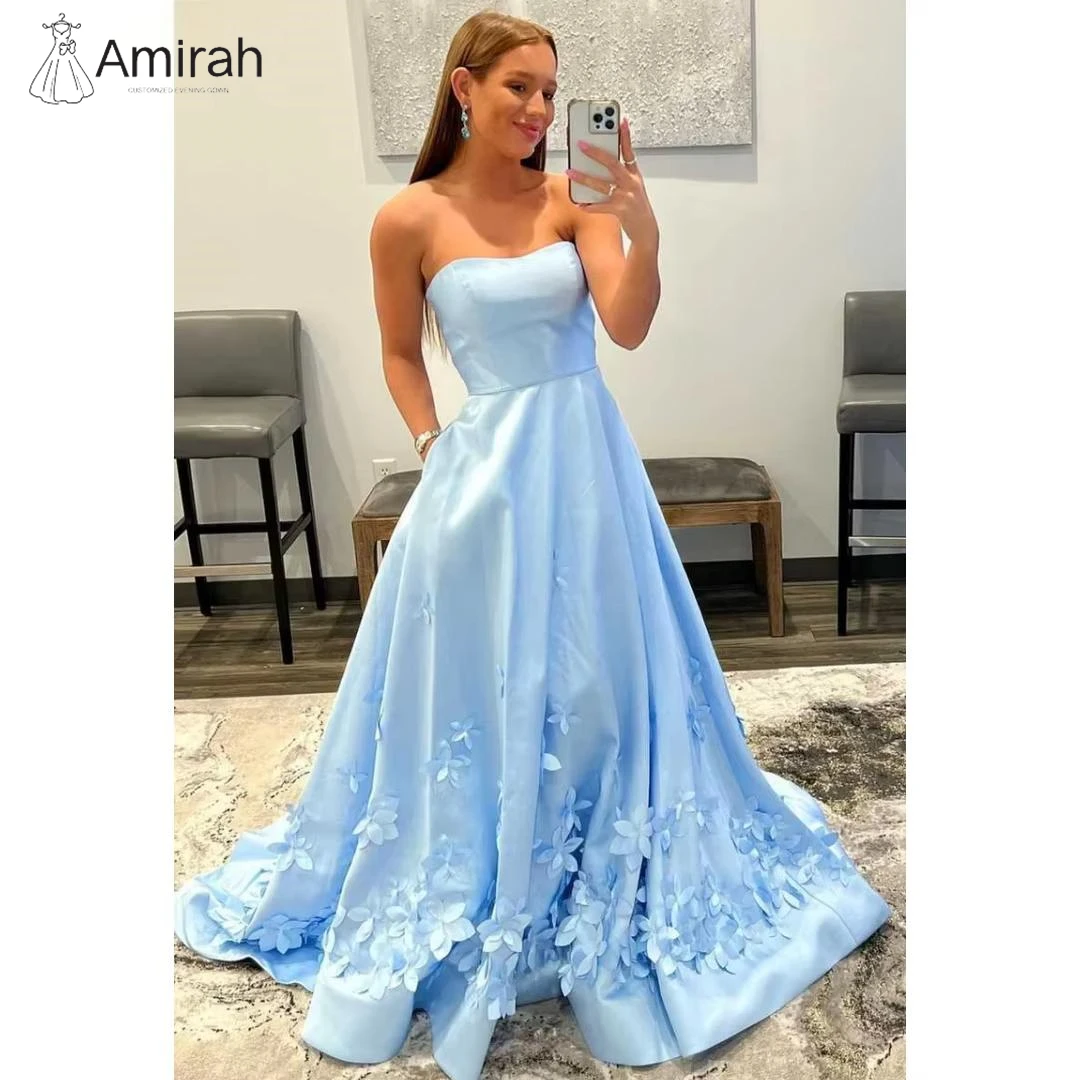 

Amirah Атласные роскошные женские вечерние платья трапециевидной формы, женское элегантное синее праздничное платье с 3D цветами на заказ, с открытыми плечами для выпускного вечера