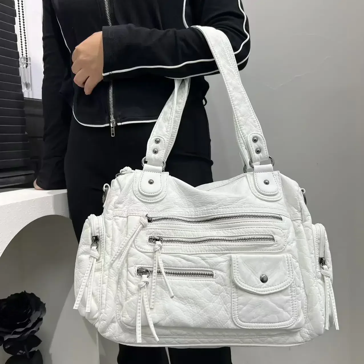 Ladies' fashion Y2K spicy girl retro vintage vintage vintage tote bag, large capacity vintage multi pocket shoulder bag image 4