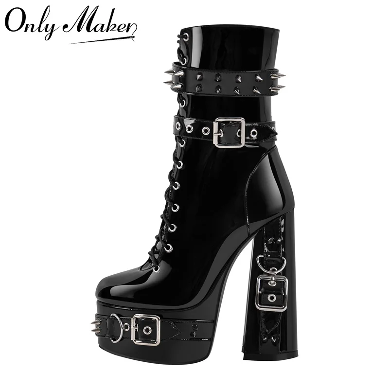 

Onlymaker Women Platform Metal Buckles Lace-up Chunky Heel Ankle Boots Big Size Punk Booties