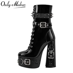 Onlymaker Women Platform Metal Buckles Lace-up Chunky Heel Ankle Boots Big Size Punk Booties