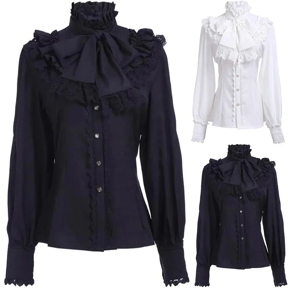 New Vintage Victorian Ruched Lace Shirts And Blouses Gothic Lolita Long Sleeve Ruffles Solid Black White Tops Shirt For Women