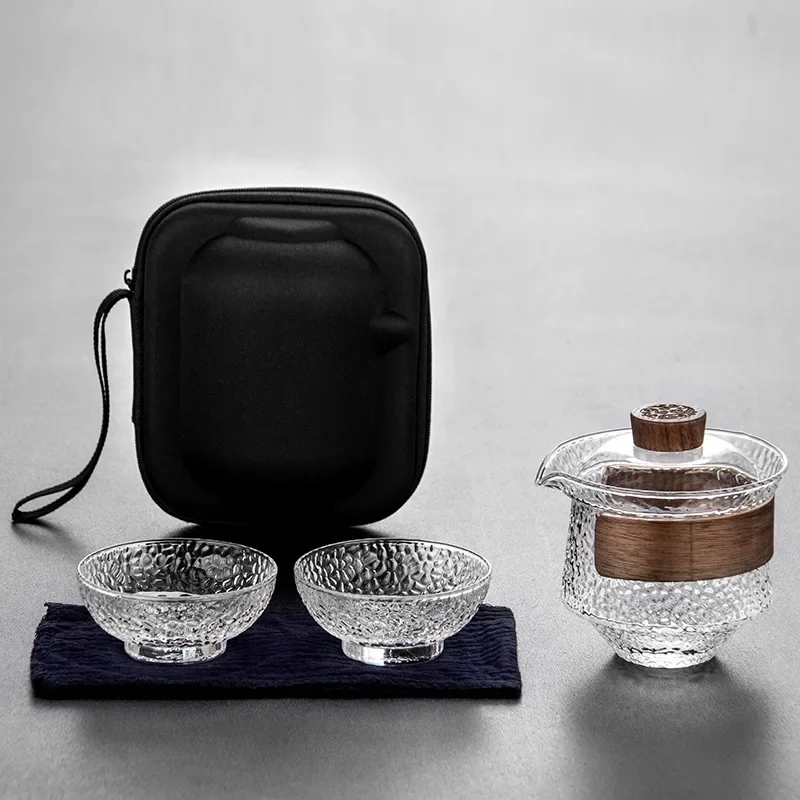 3pcs High Boron Silicon Tea Set 2 Cups Gaiwan Frosted Transparent Glass Portable Travel Tureen Teaware Ceremony 200Ml