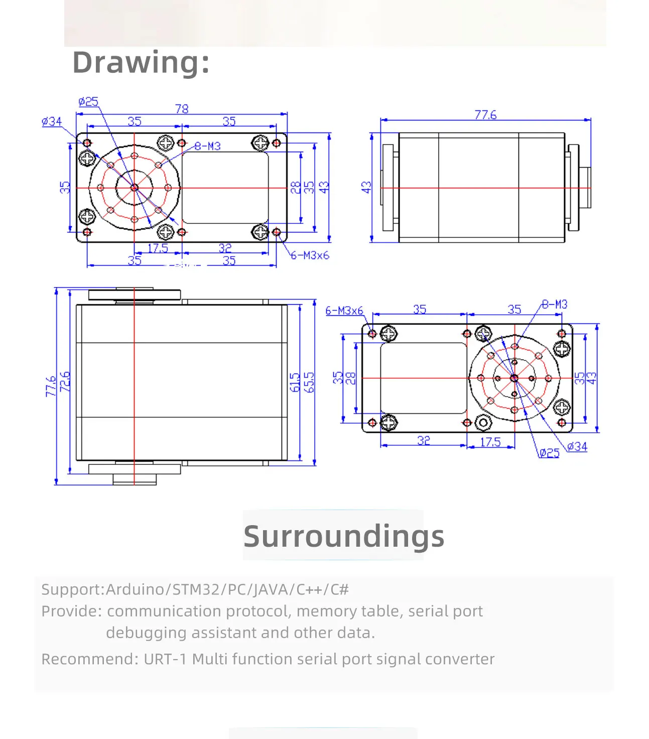 120kg.cm@24V RS485 Metal Servo Motor 360 Degree Magnetic Encoder Servo Motor RSBL120-24 SM120BL