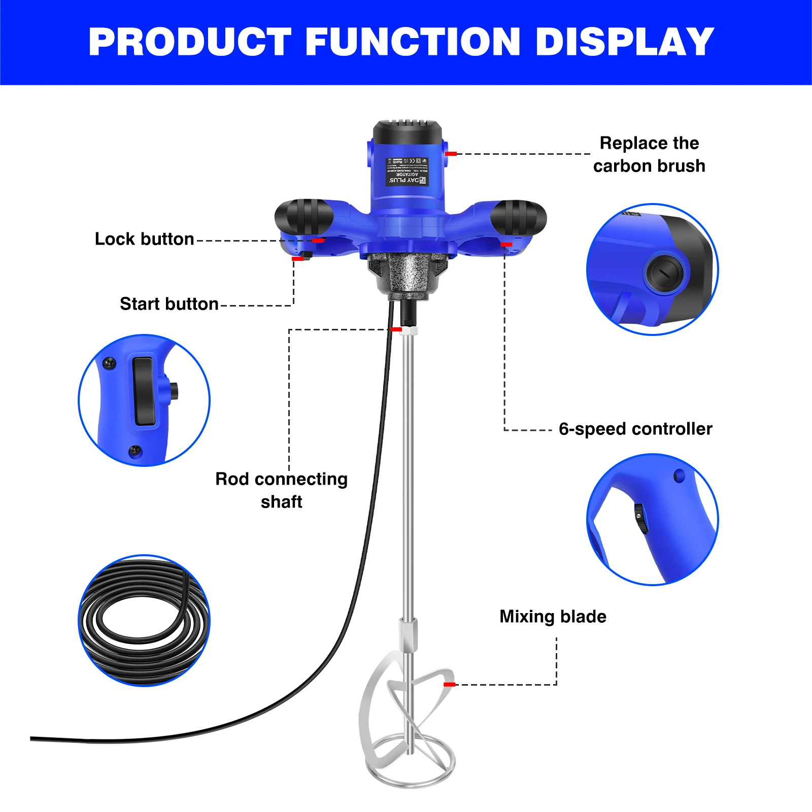 DayPlus 2600W Handheld Concrete Mixer Machine Paddle Mixer Adjustable 6 Speed Stirrer Electric Mix Stirring Tool M14 Mixing Rod